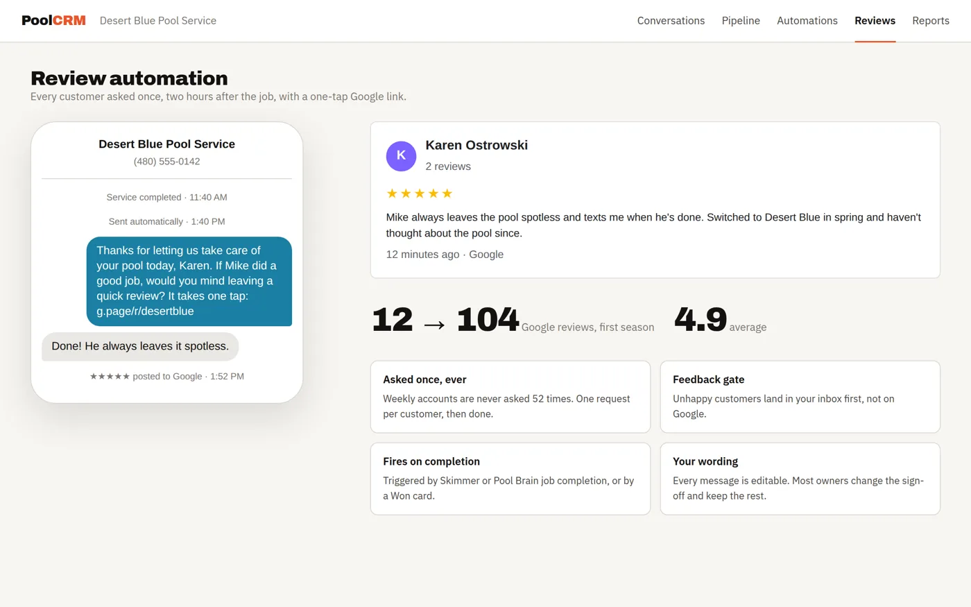 Home service CRM review request automation sending a Google review link two hours after a job closes
